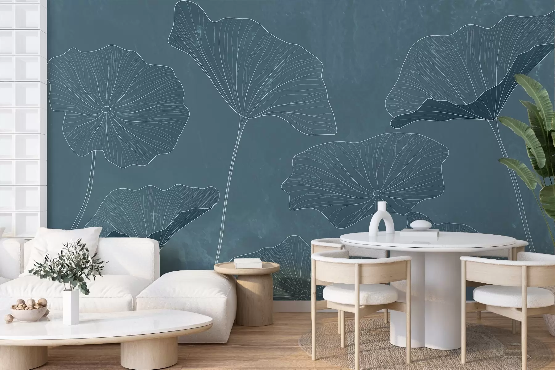 Fotobehang Silhouetten van elegante lotusbladeren op een getextureerde achtergrond in diepblauwe tinten w03156