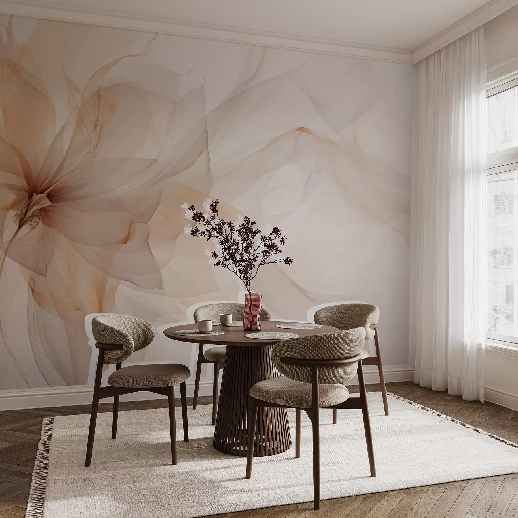 Fotobehang Etherische bloem met delicate doorschijnende lijnen in pasteltinten w03162