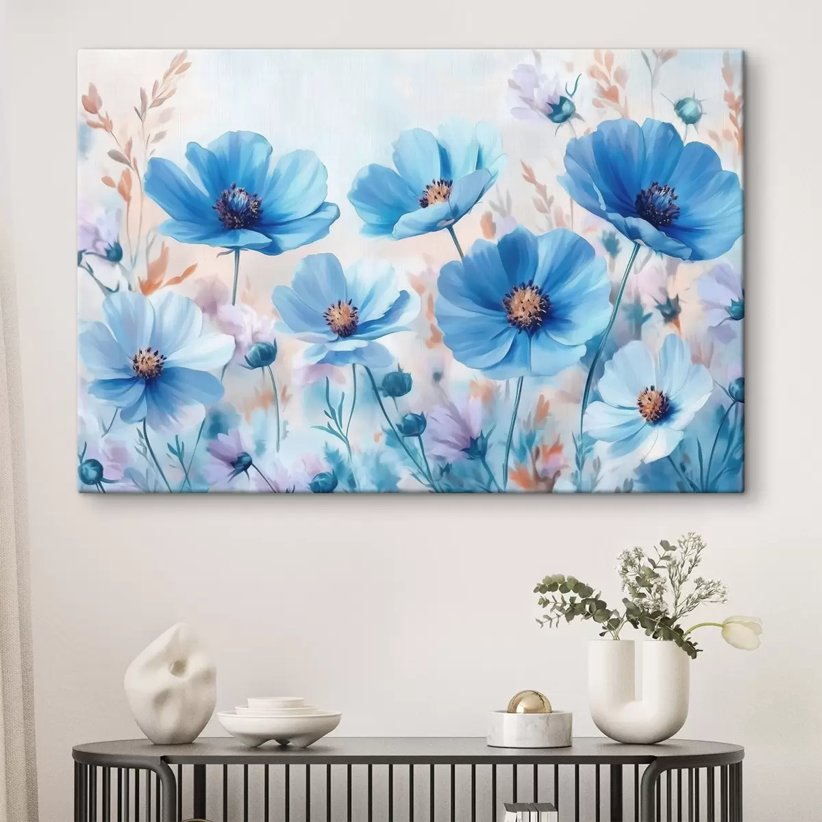  Schilderijen Blauwe bloemen op een blauwe achtergrond s42971