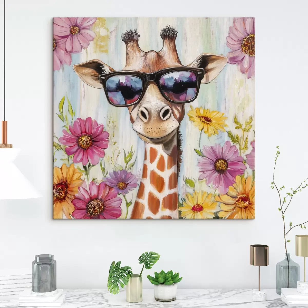  Schilderijen Giraffe met bril bij bloemen s42991