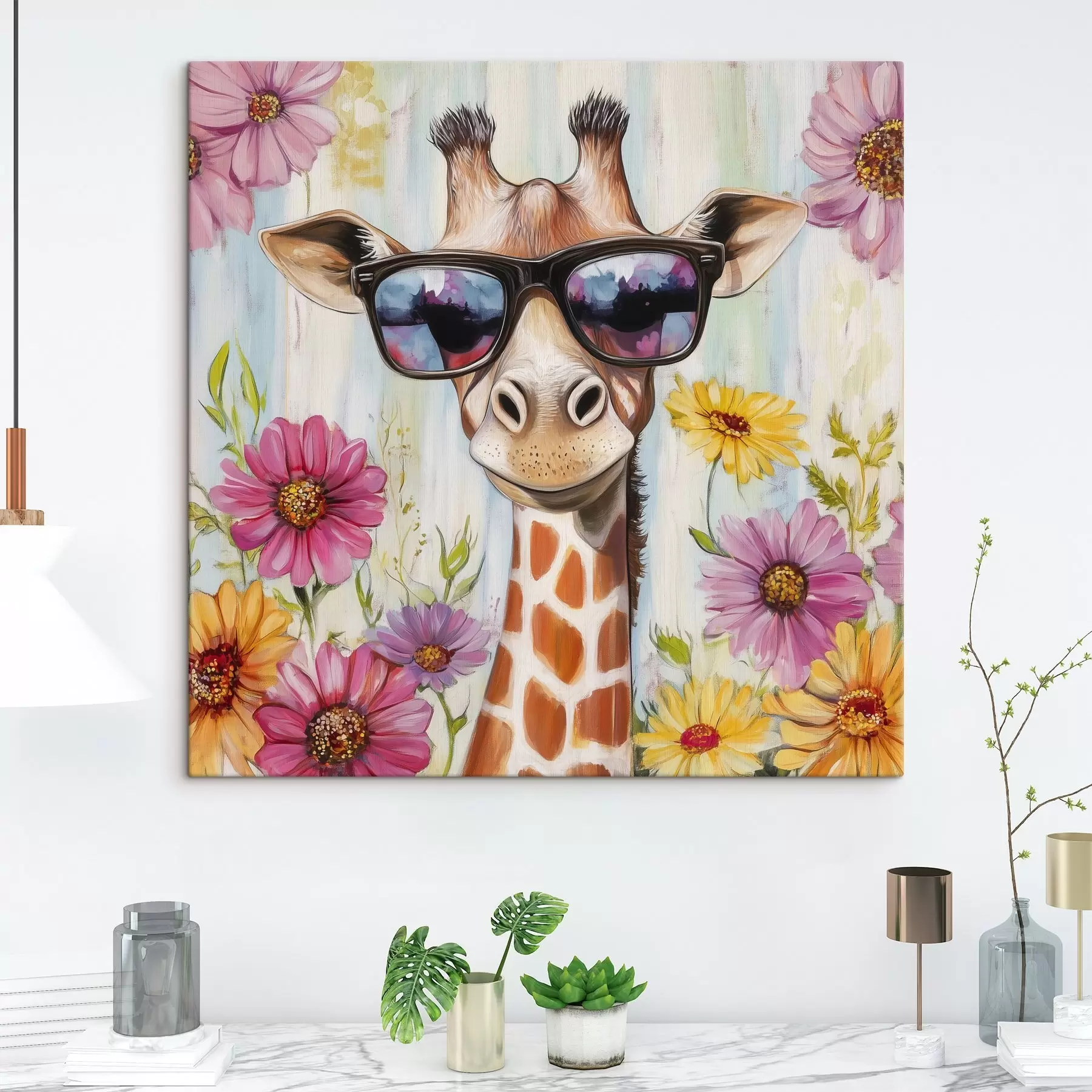 Papier peint photo Girafe avec lunettes près de fleurs s42991