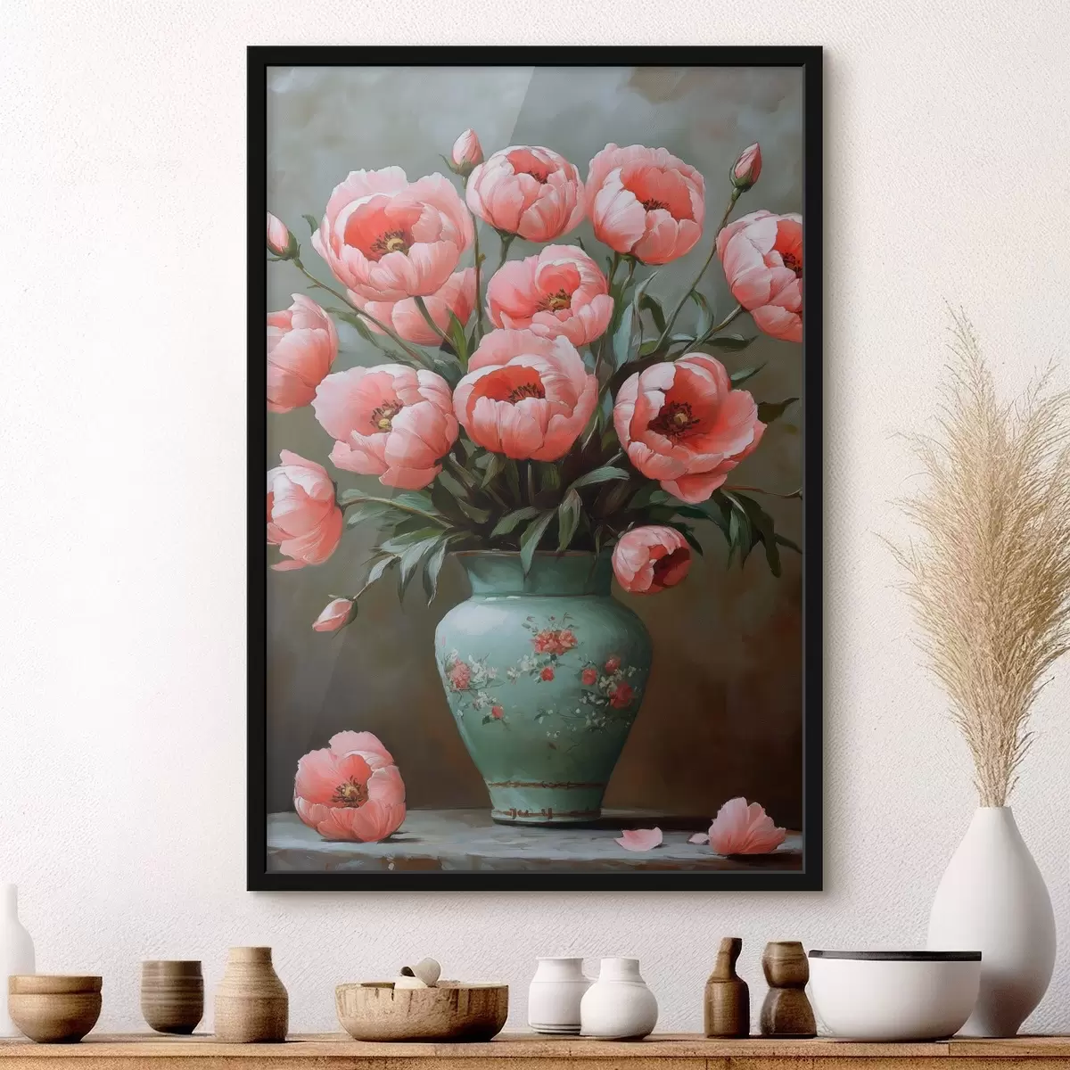 Poster Weelderige roze bloemen in een vaas f42979