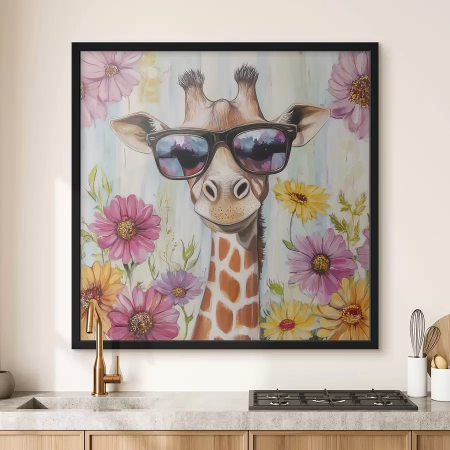  Schilderijen Giraffe met bril bij bloemen f42991