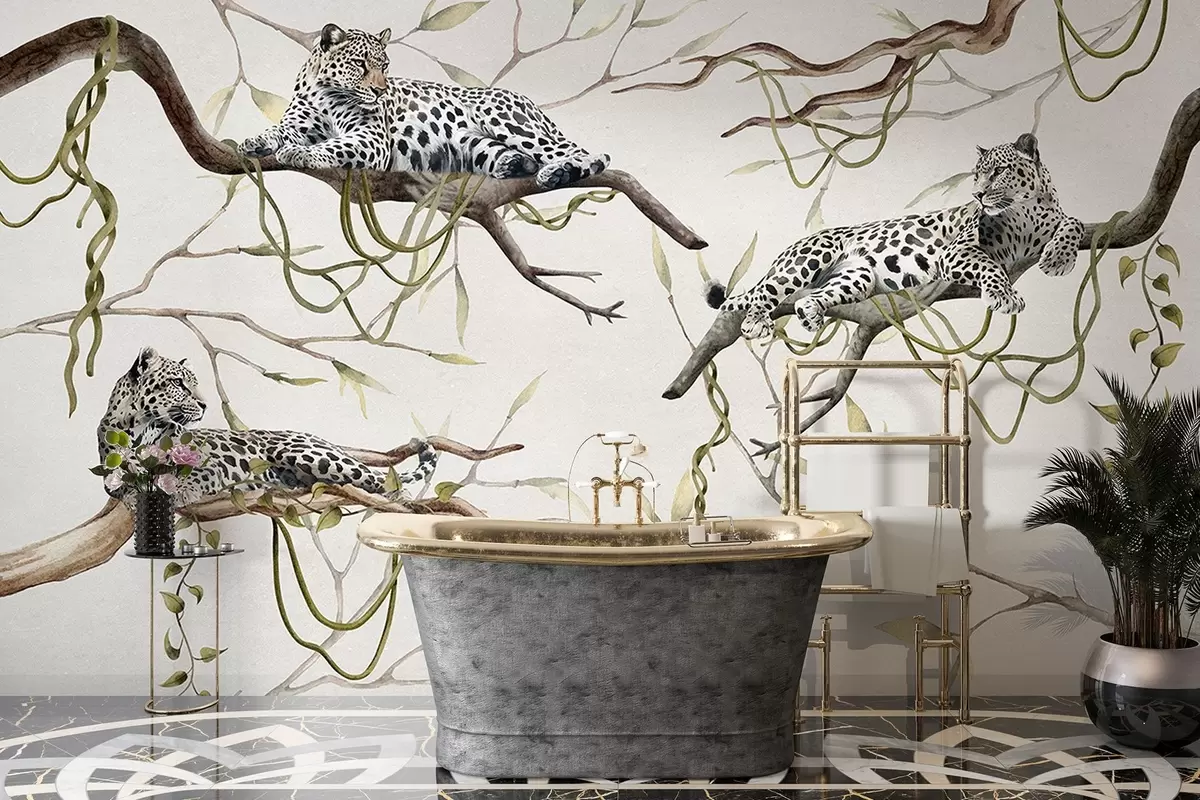 Papier peint photo Léopards sur les arbres de la jungle, lianes, tropical, animaux sauvages, palette de couleurs pastel w03146v4