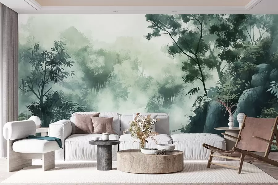 Fotobehang Oosters landschap, jungle, bomen, aquarelstijl, groene kleuren w03149