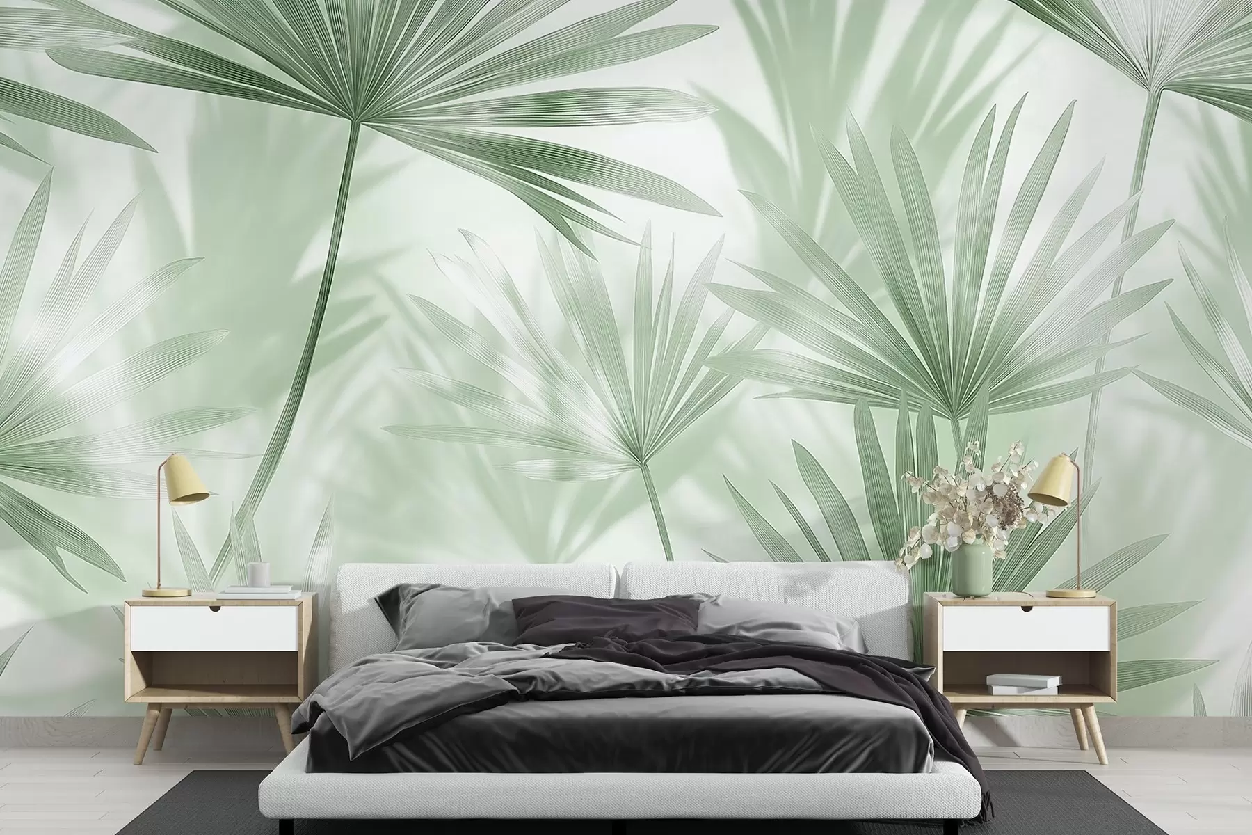 Fotobehang Palmbladeren, bloemenpatroon, minimalisme, tropisch, groene kleuren w03152v2