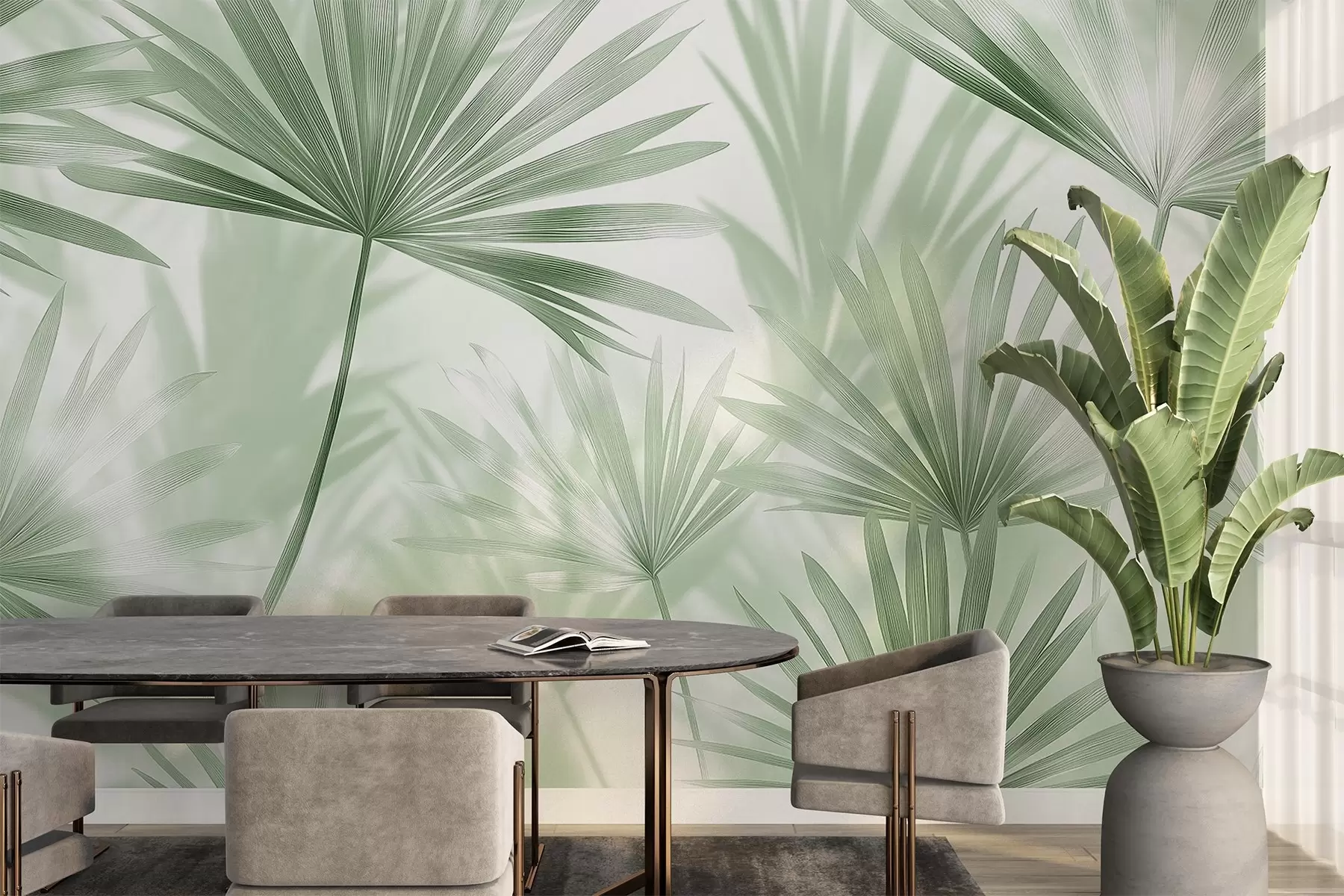 Fotobehang Palmbladeren, bloemenpatroon, minimalisme, tropisch, groene kleuren w03152v2