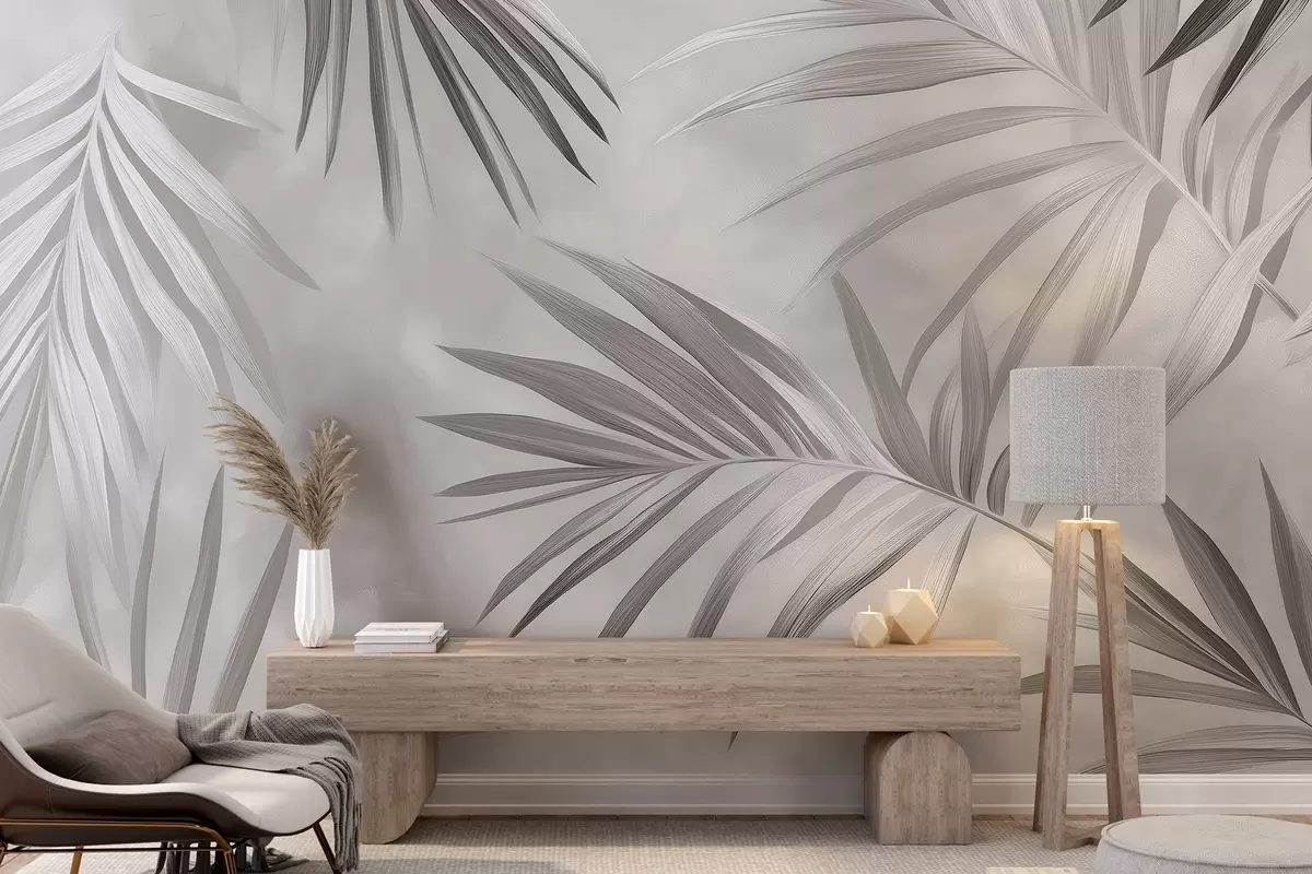 Fotobehang Abstractie van tropische bladeren, palmboom, grijs kleurenpalet w03153v4