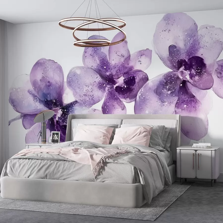 Fotobehang Aquarel stijl orchidee bloemen, paarse kleuren w03163