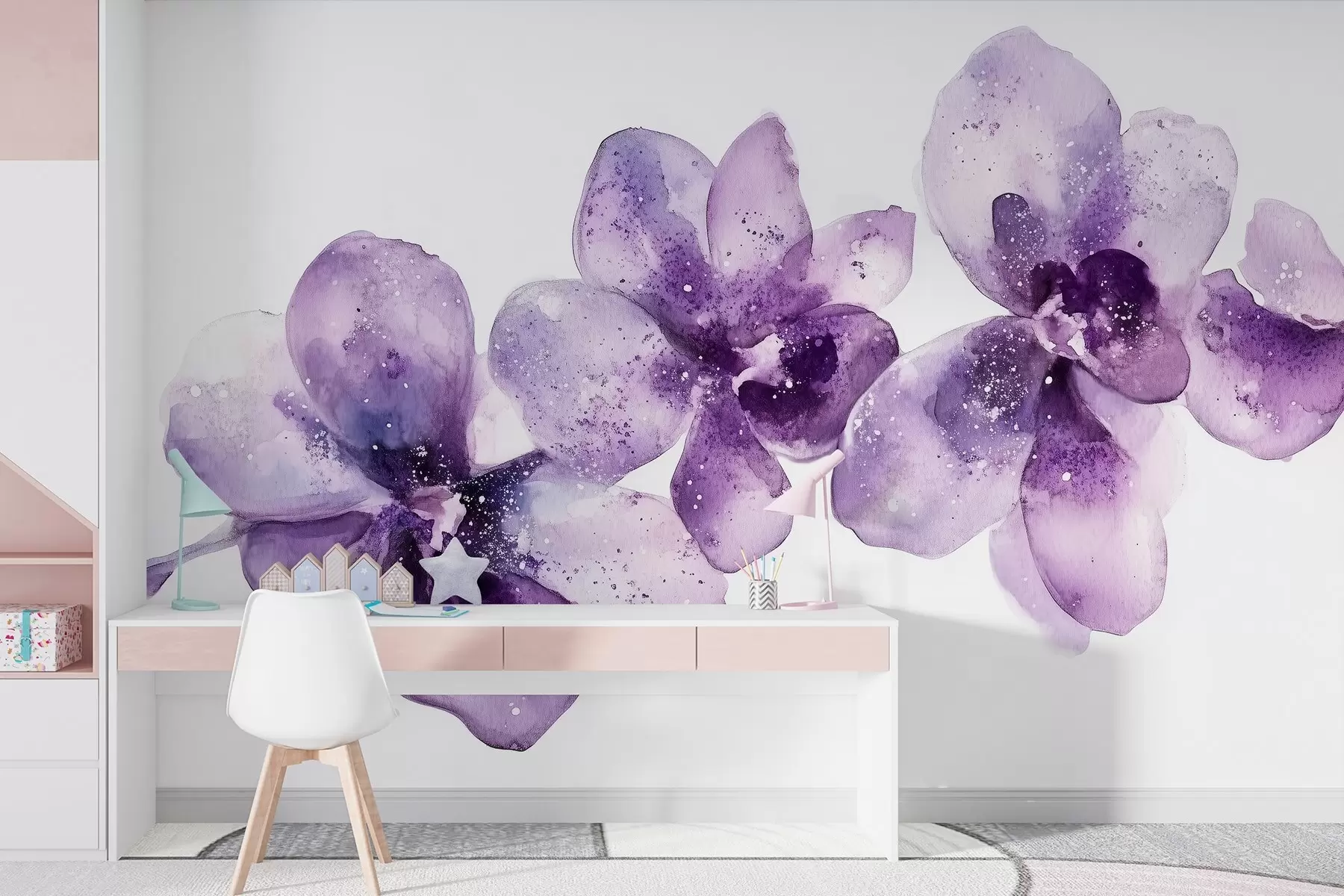 Fotobehang Aquarel stijl orchidee bloemen, paarse kleuren w03163