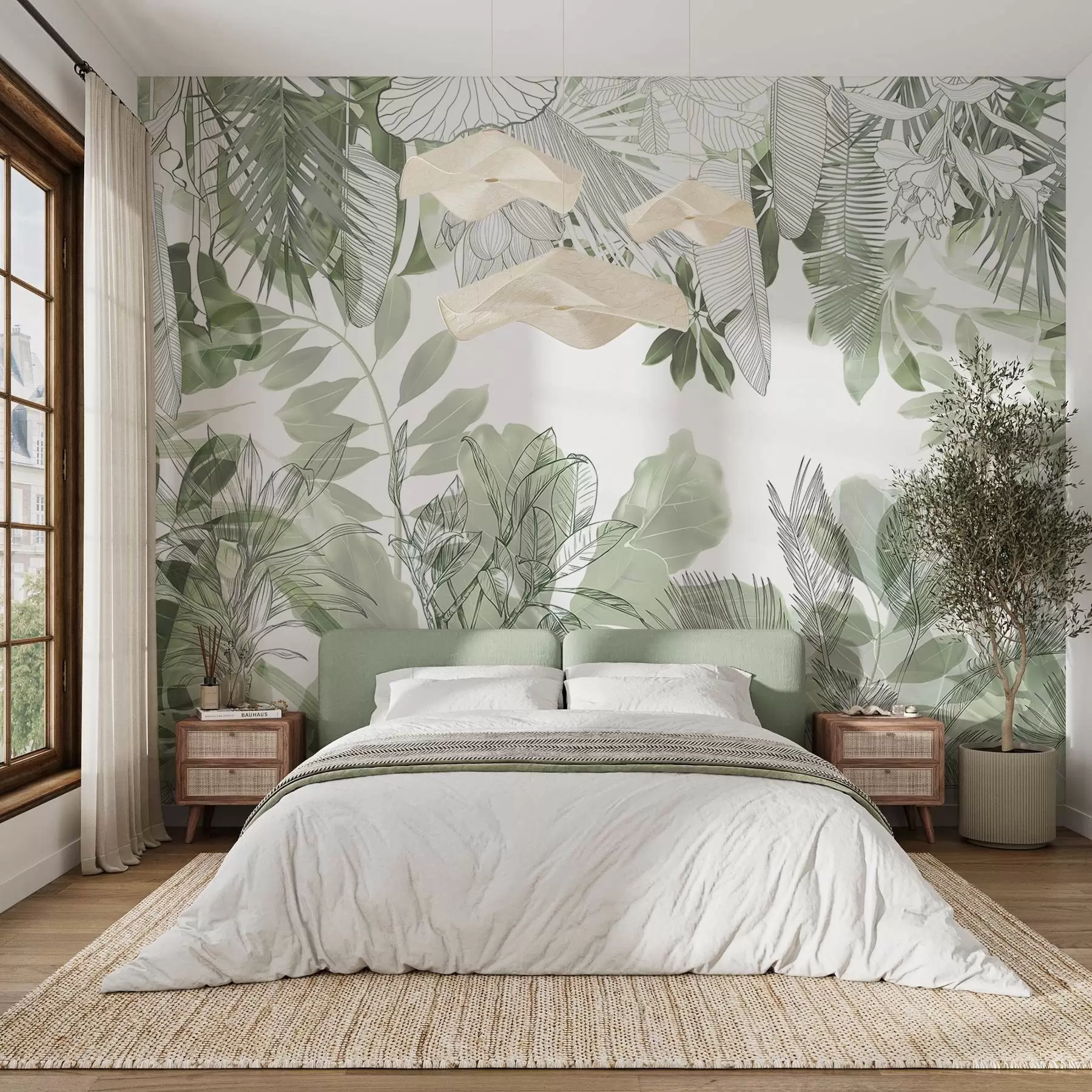 Fotobehang Groene jungle print tropische planten en bladeren op een witte achtergrond w08823