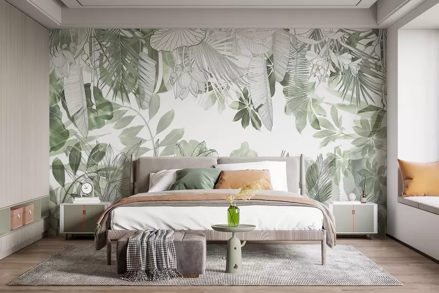 Fotobehang Groene jungle print tropische planten en bladeren op een witte achtergrond w08823