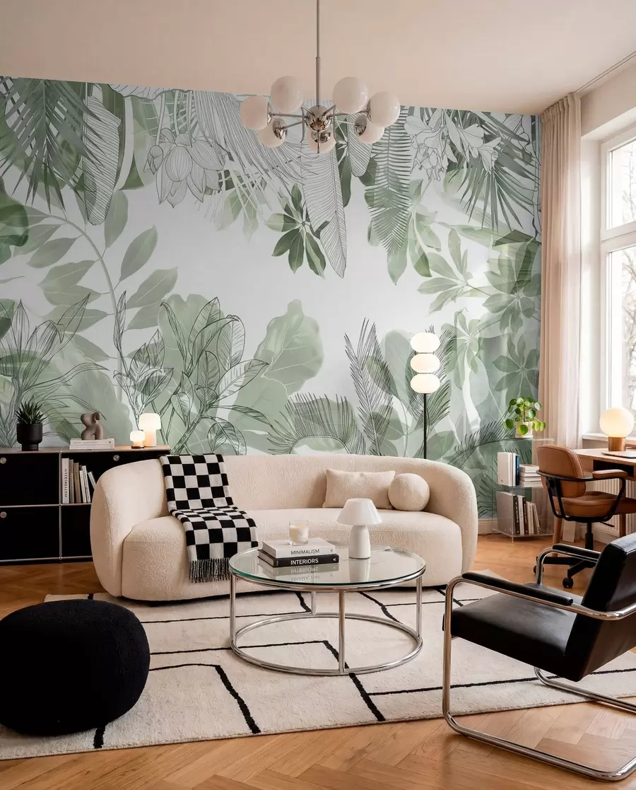Fotobehang Groene jungle print tropische planten en bladeren op een witte achtergrond w08823