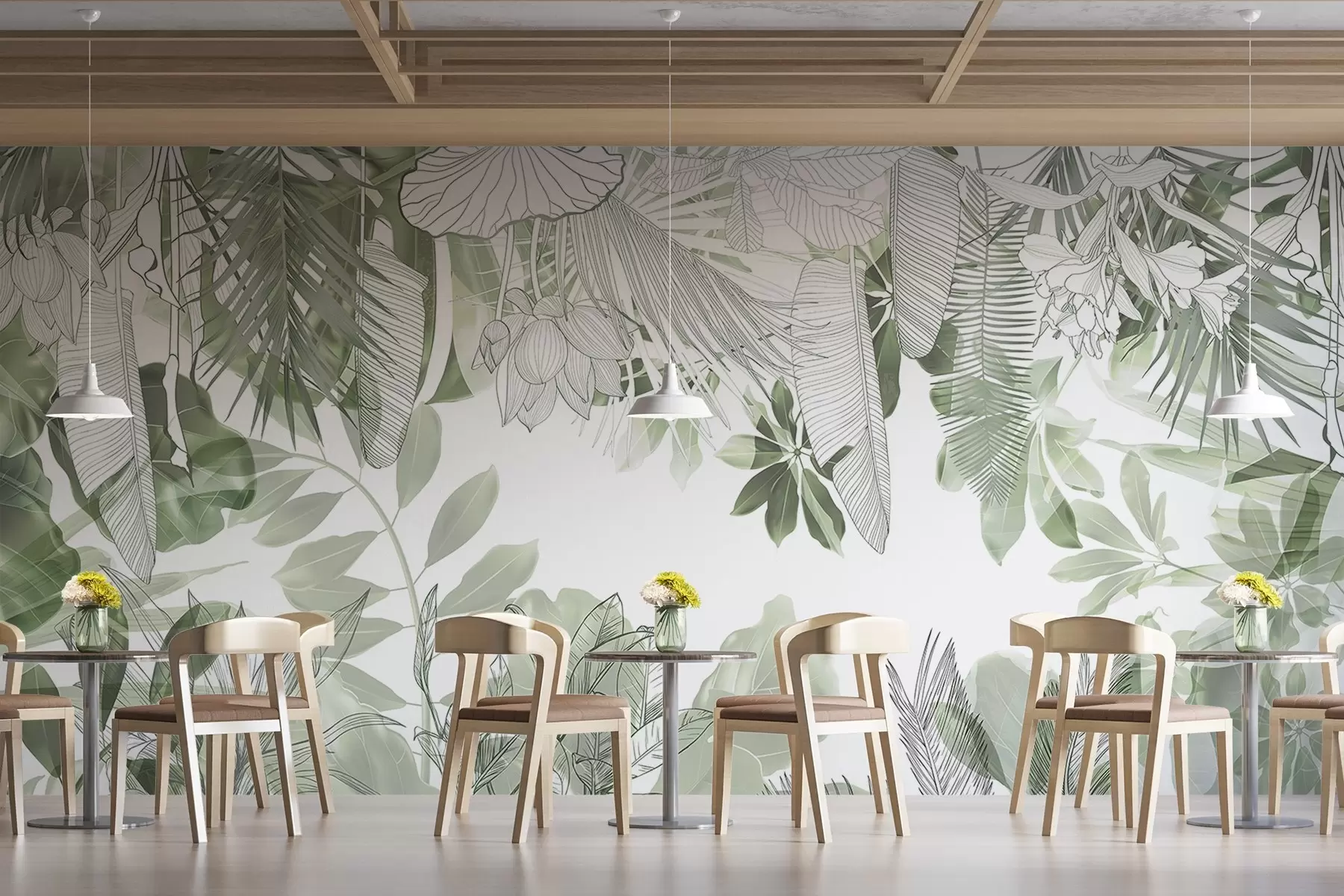 Fotobehang Groene jungle print tropische planten en bladeren op een witte achtergrond w08823