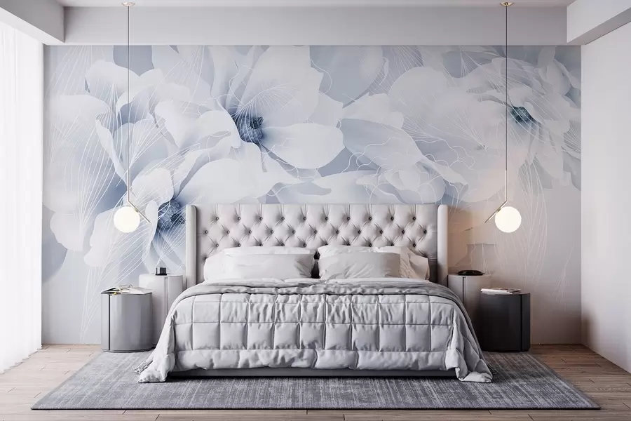 Papier peint photo Fleurs de pivoine pastel avec des pétales délicats blancs et bleus et des lignes blanches sur un fond bleu clair w08826