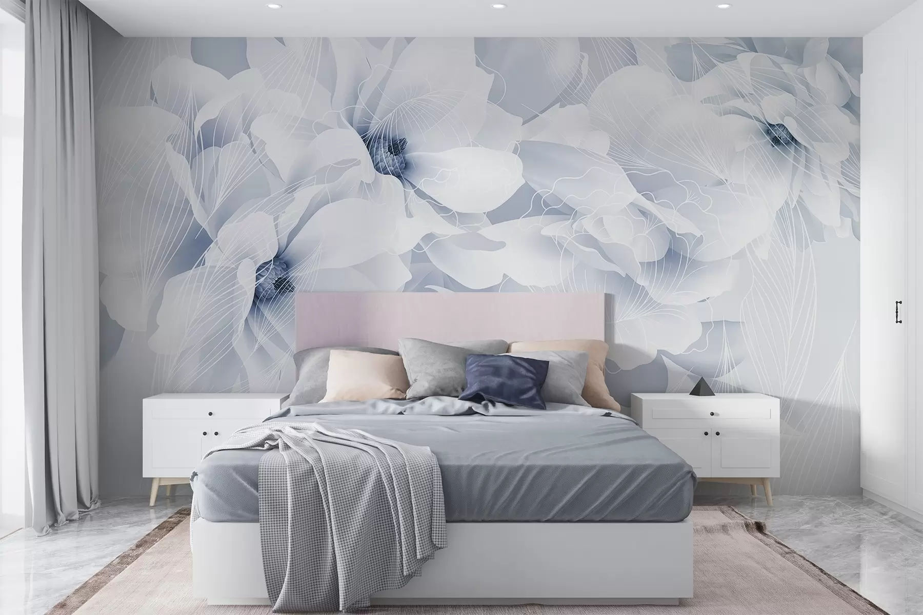 Fotobehang Pastel pioenbloemen met witte en blauwe fijne bloemblaadjes en witte lijnen op een lichtblauwe achtergrond w08826
