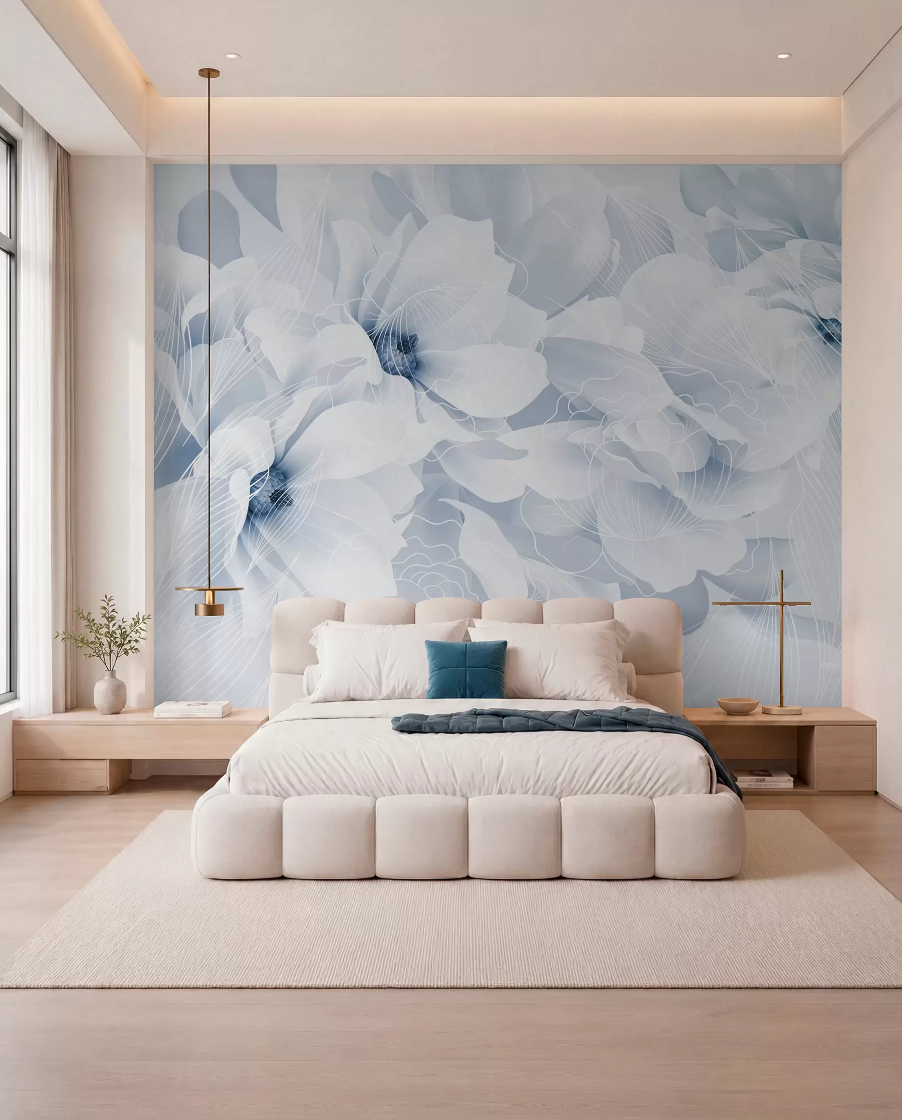 Papier peint photo Fleurs de pivoine pastel avec des pétales délicats blancs et bleus et des lignes blanches sur un fond bleu clair w08826