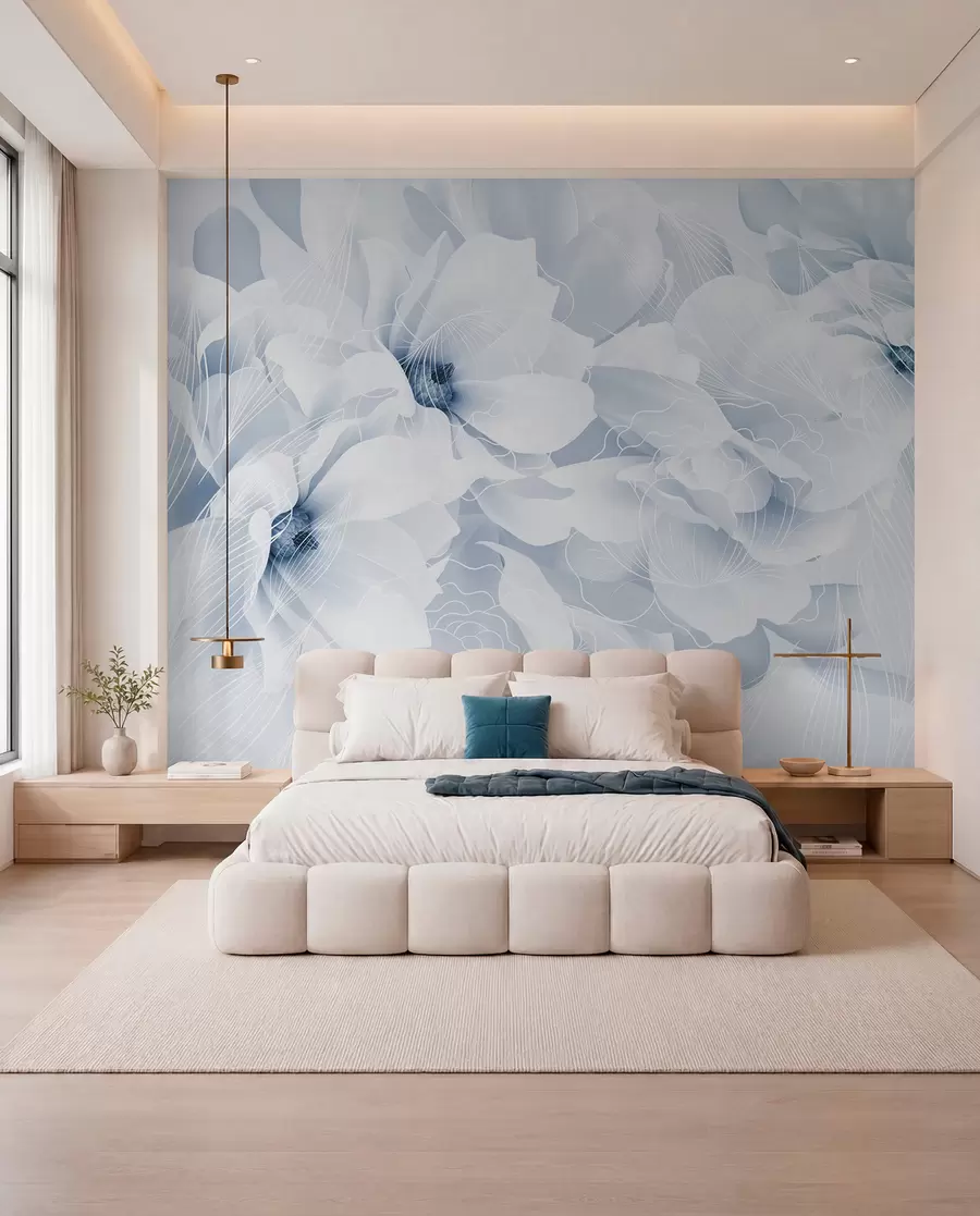 Papier peint photo Fleurs de pivoine pastel avec des pétales délicats blancs et bleus et des lignes blanches sur un fond bleu clair w08826