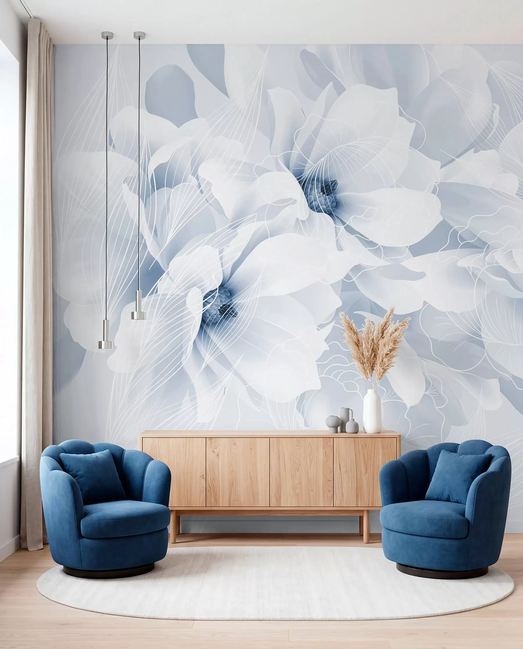 Fotobehang Pastel pioenbloemen met witte en blauwe fijne bloemblaadjes en witte lijnen op een lichtblauwe achtergrond w08826