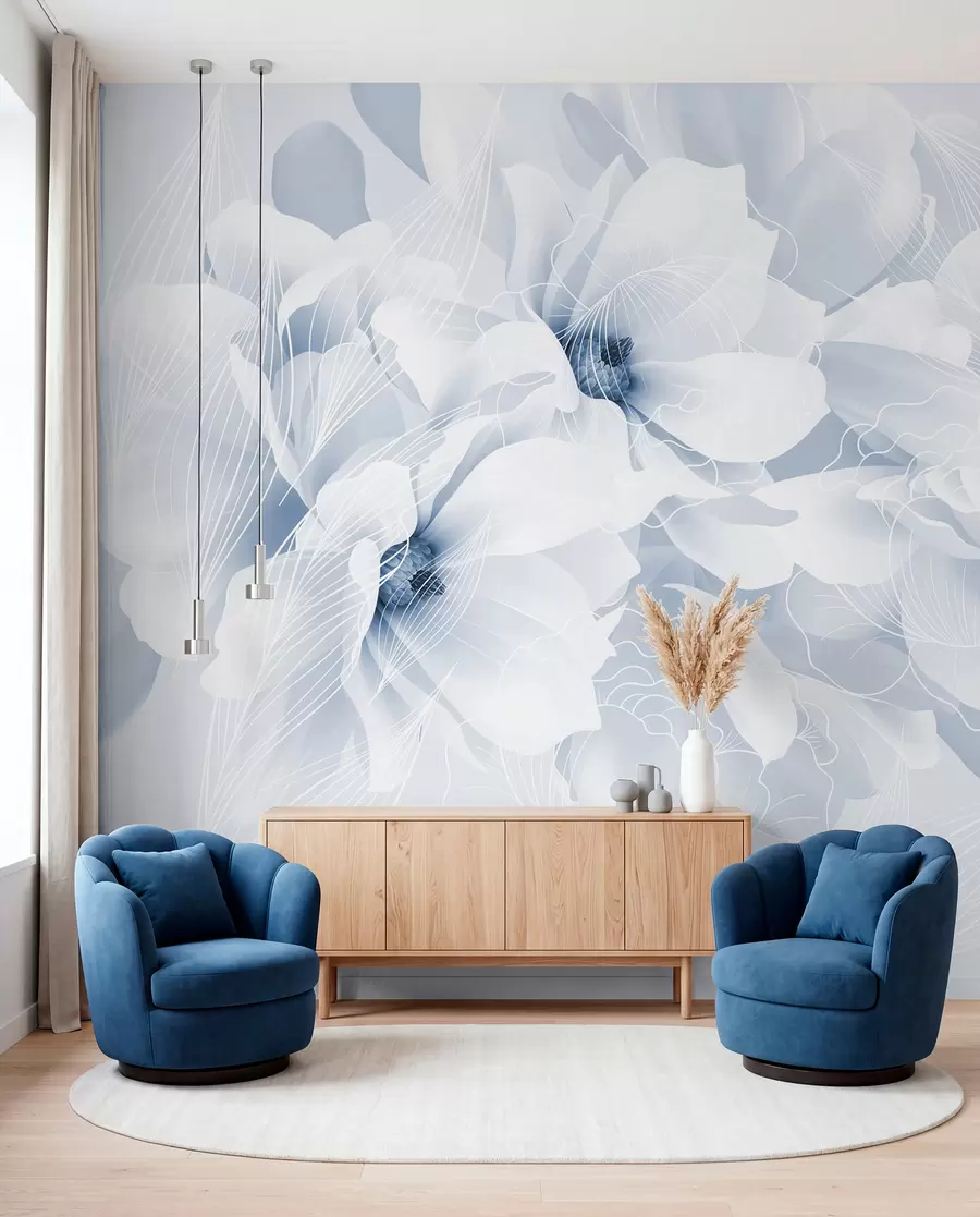 Fotobehang Pastel pioenbloemen met witte en blauwe fijne bloemblaadjes en witte lijnen op een lichtblauwe achtergrond w08826