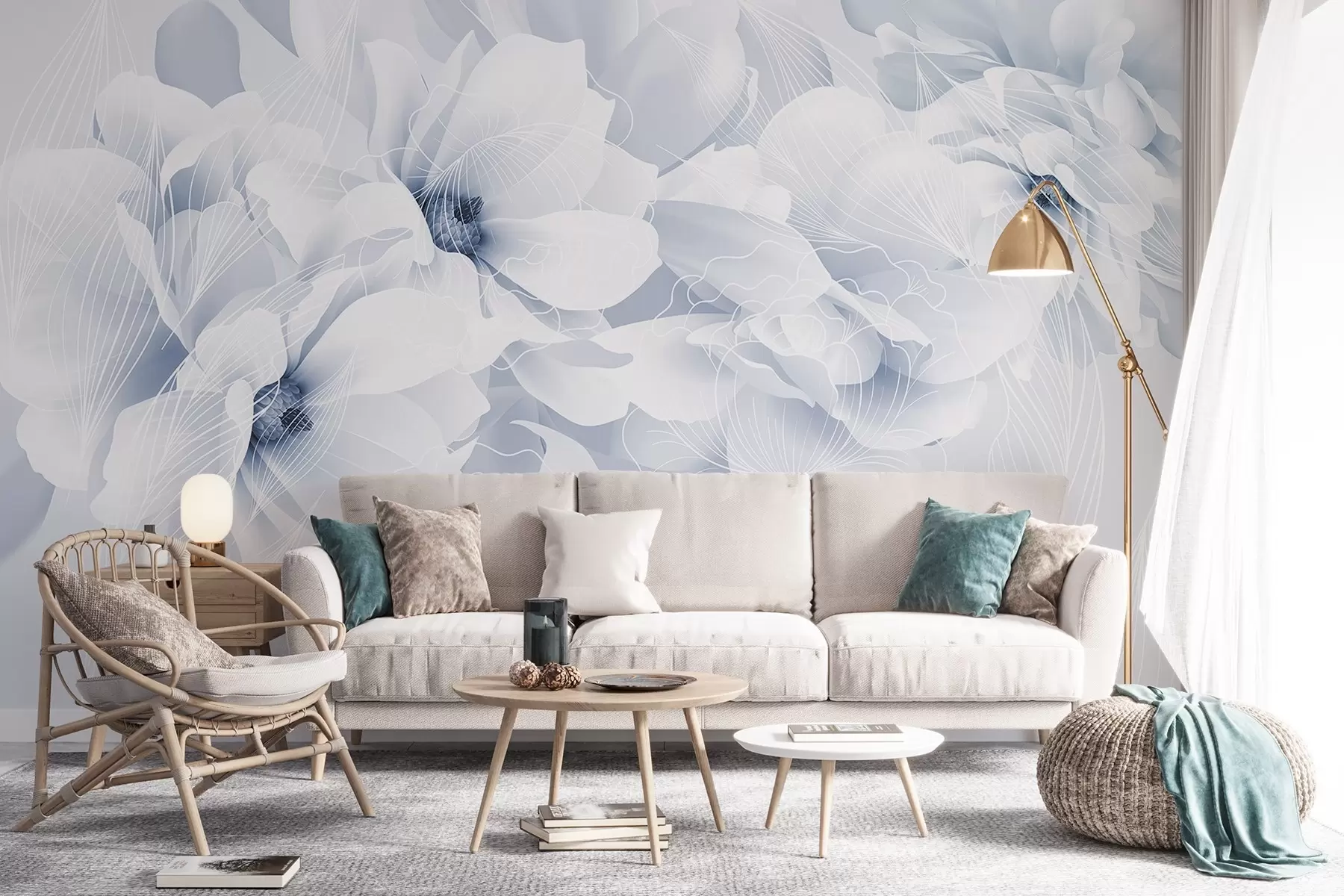 Papier peint photo Fleurs de pivoine pastel avec des pétales délicats blancs et bleus et des lignes blanches sur un fond bleu clair w08826