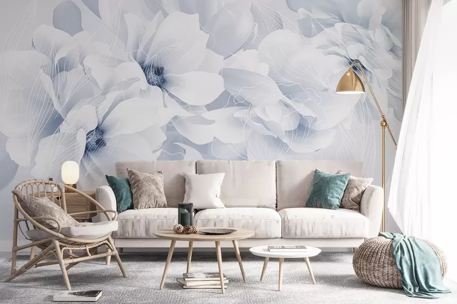 Papier peint photo Fleurs de pivoine pastel avec des pétales délicats blancs et bleus et des lignes blanches sur un fond bleu clair w08826