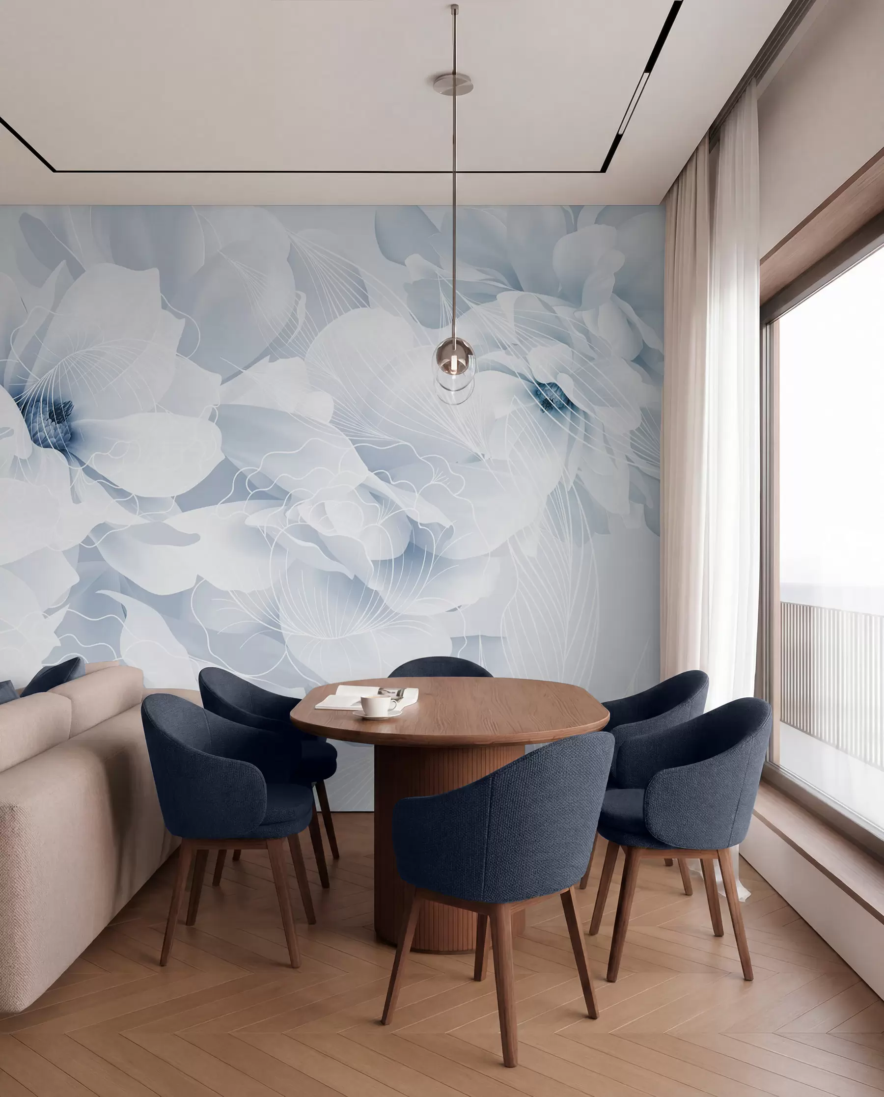 Fotobehang Pastel pioenbloemen met witte en blauwe fijne bloemblaadjes en witte lijnen op een lichtblauwe achtergrond w08826