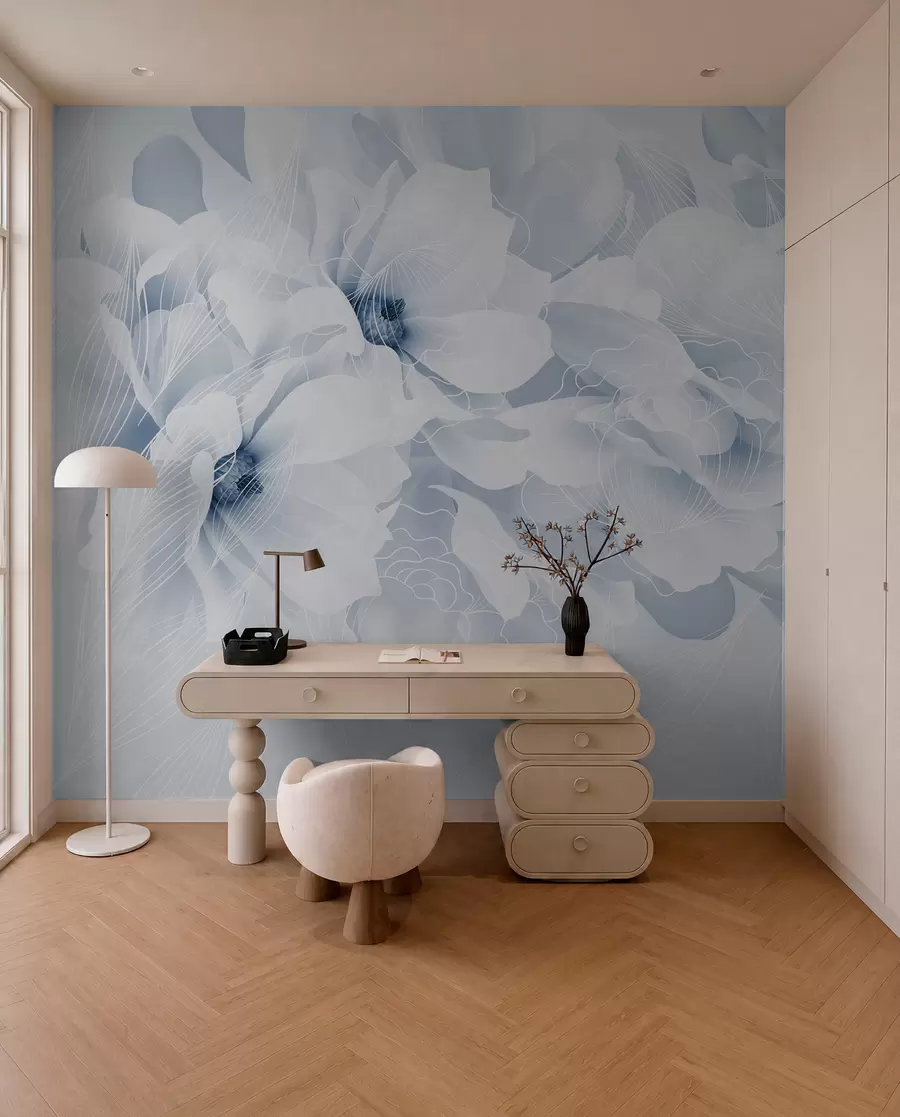 Fotobehang Pastel pioenbloemen met witte en blauwe fijne bloemblaadjes en witte lijnen op een lichtblauwe achtergrond w08826