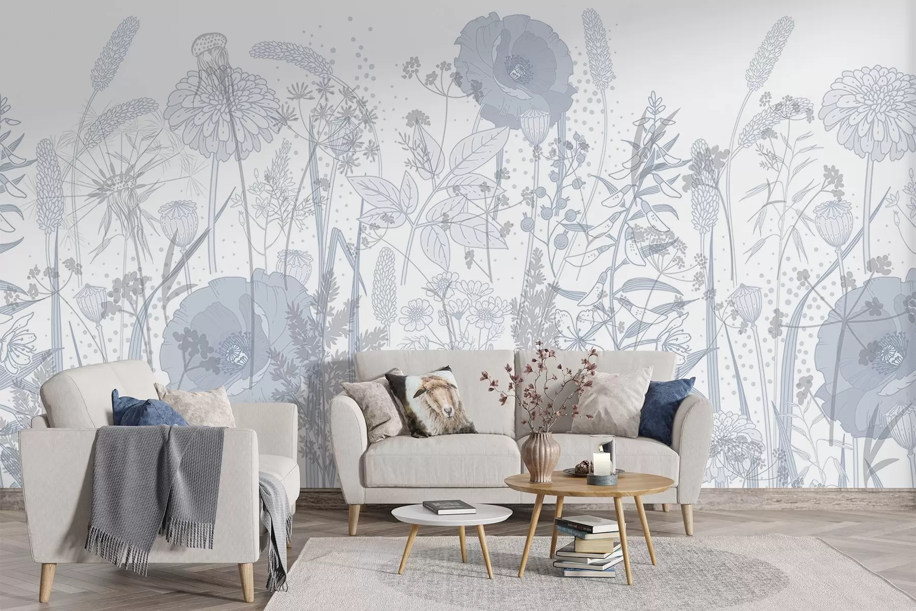 Papier peint photo Un champ de fleurs hautes et d'herbe dans des tons pastel bleu clair sur un fond blanc w08829