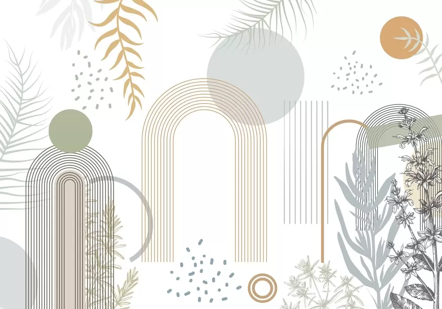 Papier peint photo Impression abstraite avec des formes géométriques, des arcs et des feuilles tropicales sur fond blanc w08835