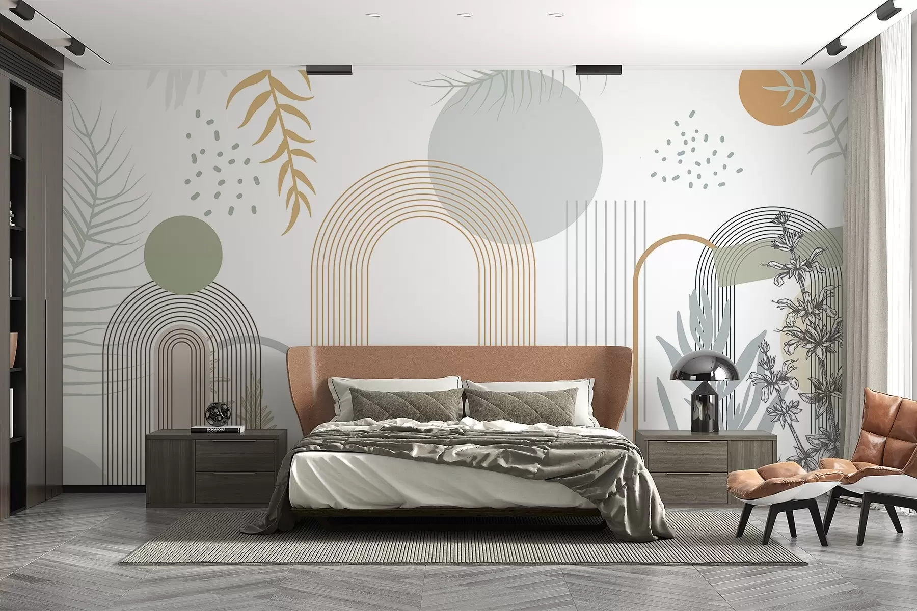 Fotobehang Abstracte print met geometrische vormen, bogen en tropische bladeren op een witte achtergrond w08835