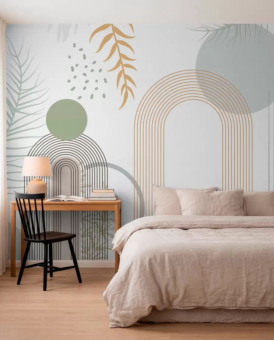 Papier peint photo Impression abstraite avec des formes géométriques, des arcs et des feuilles tropicales sur fond blanc w08835