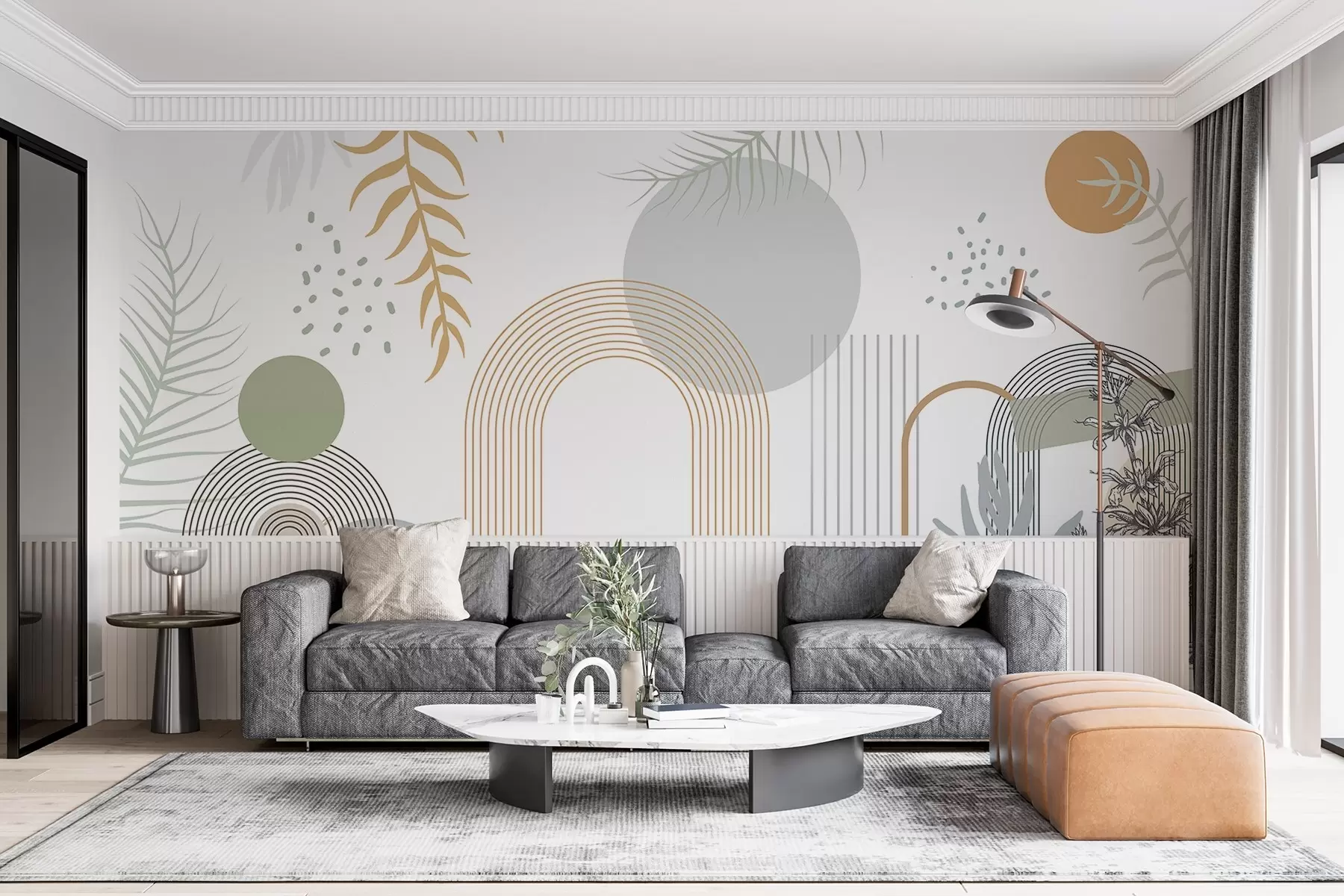 Fotobehang Abstracte print met geometrische vormen, bogen en tropische bladeren op een witte achtergrond w08835