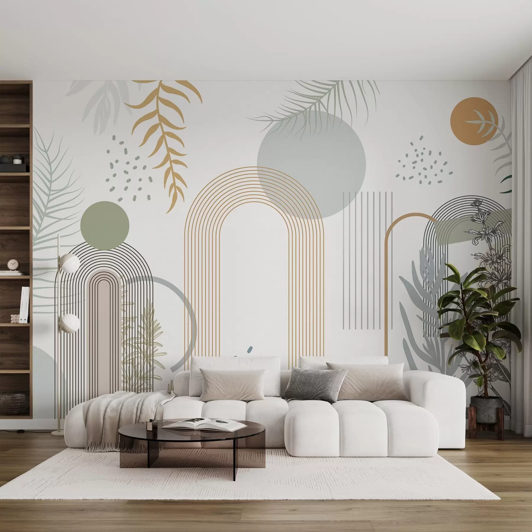 Fotobehang Abstracte print met geometrische vormen, bogen en tropische bladeren op een witte achtergrond w08835