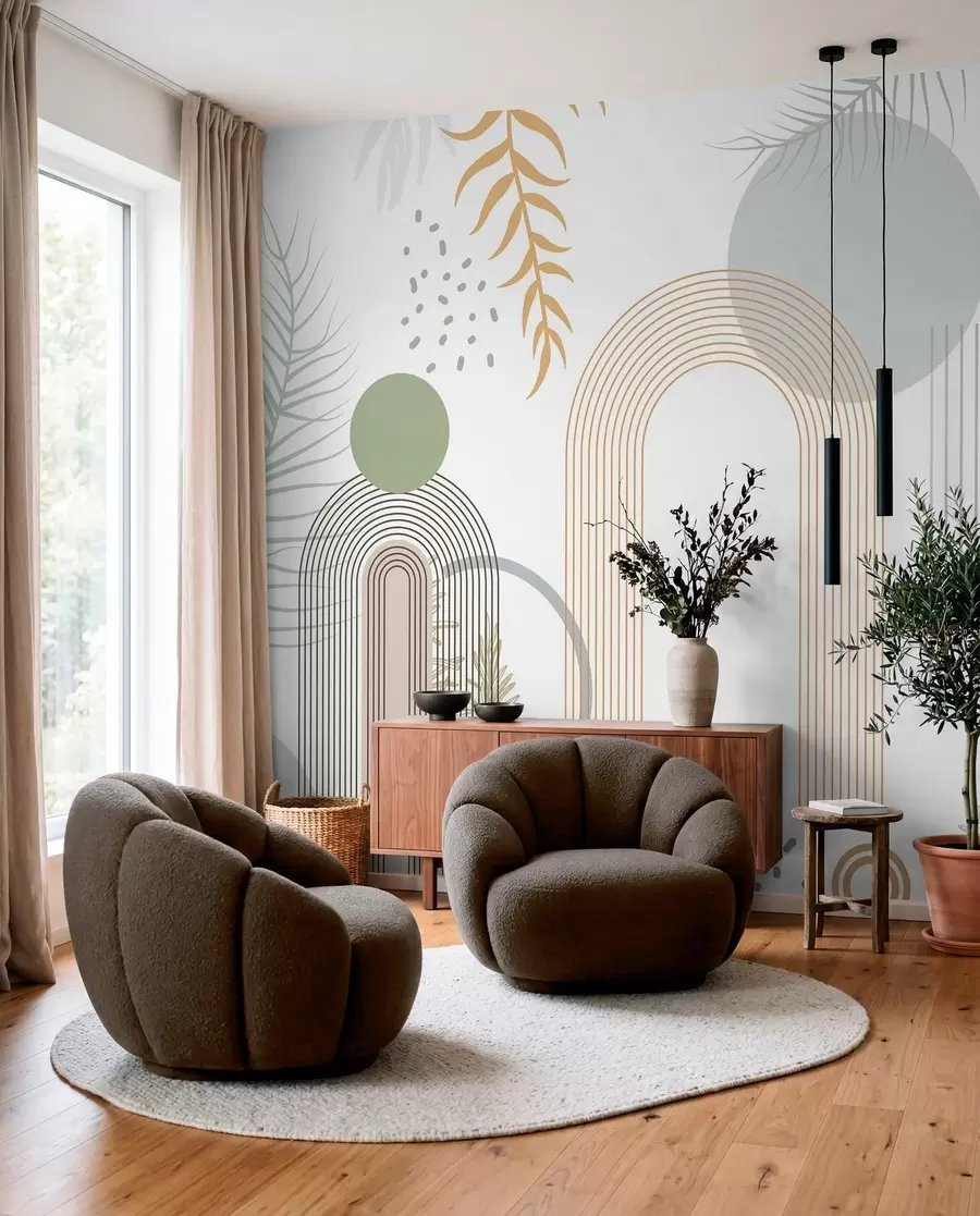 Fotobehang Abstracte print met geometrische vormen, bogen en tropische bladeren op een witte achtergrond w08835