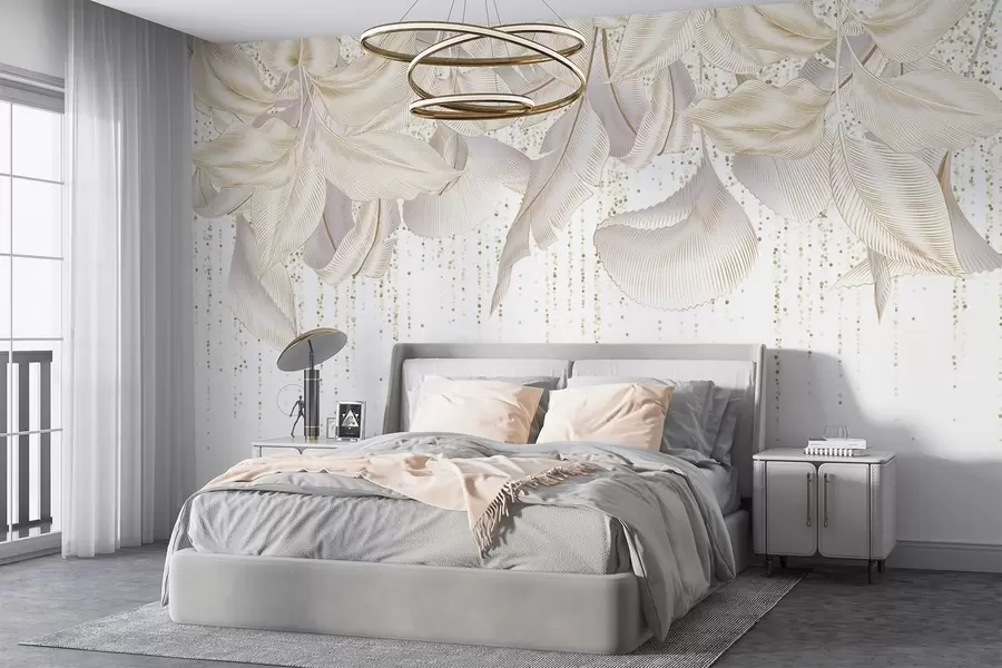 Fotobehang Witte gedetailleerde tropische bladeren en gele stippen textuur op een witte achtergrond w08836