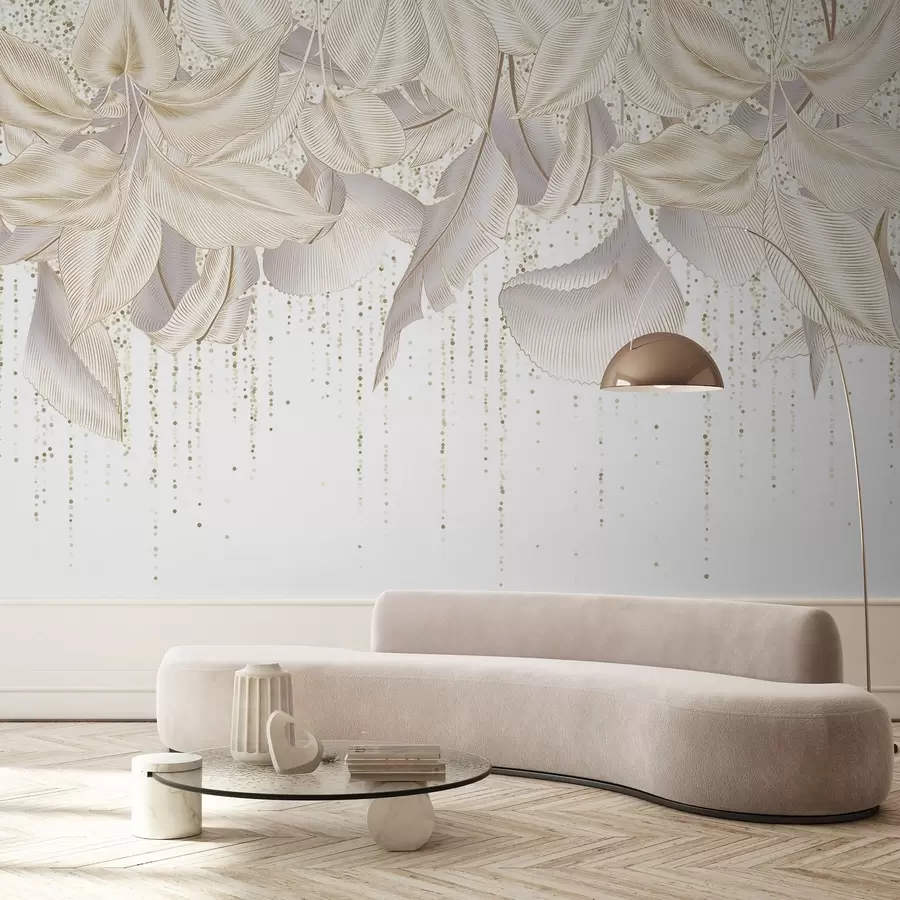 Fotobehang Witte gedetailleerde tropische bladeren en gele stippen textuur op een witte achtergrond w08836