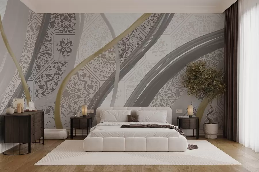 Papier peint photo Peinture abstraite avec des motifs géométriques et des lignes courbes dans les couleurs beige, gris et jaune w08837