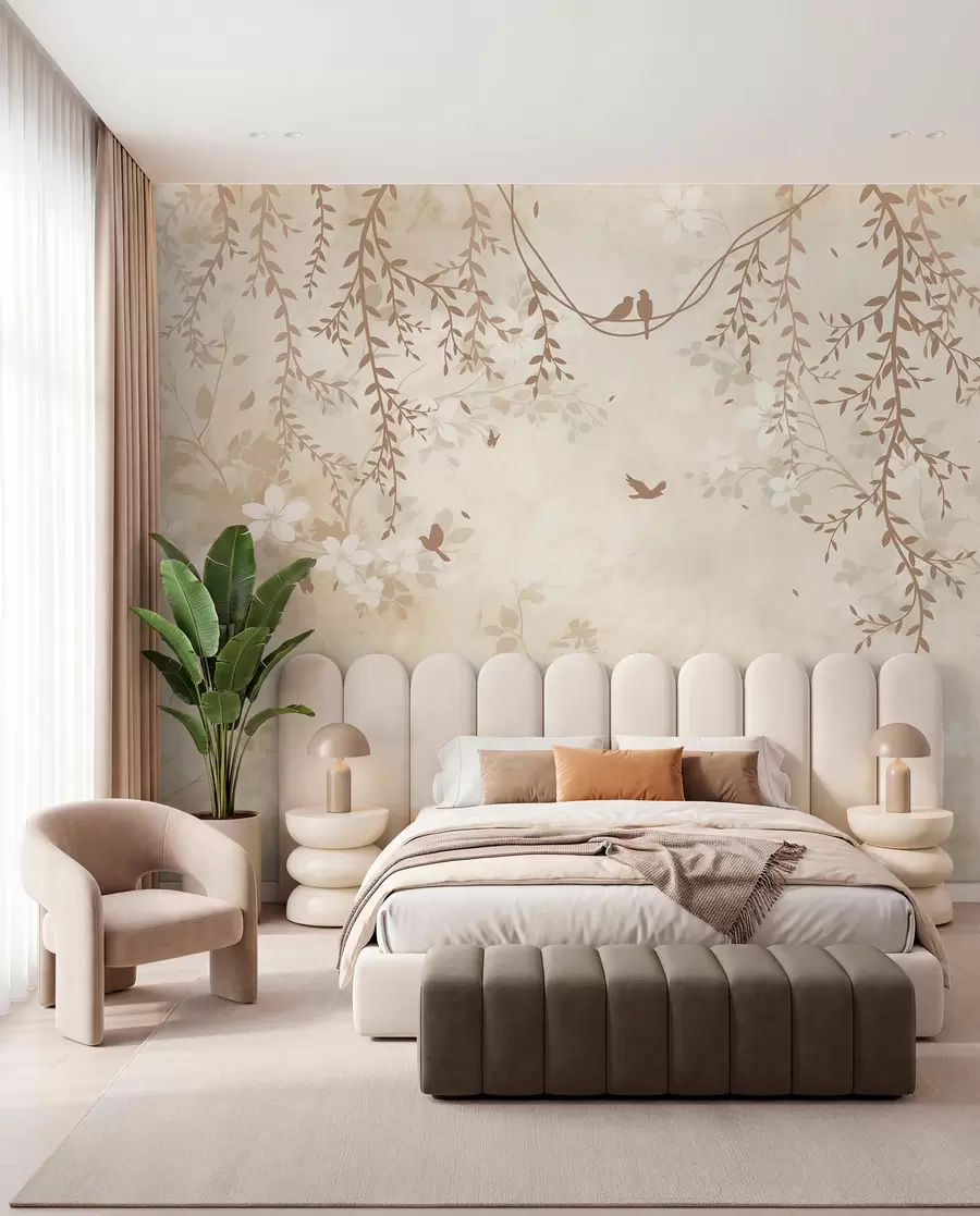 Papier peint photo Oiseaux avec plantes suspendues et motif floral dans les tons beige-crème clair w08809