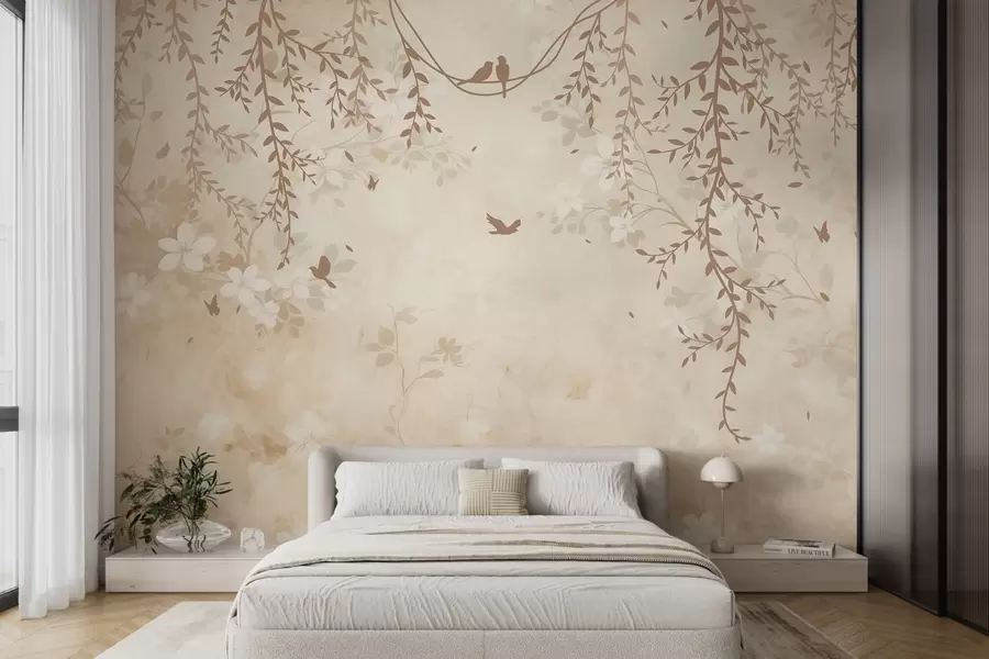 Fotobehang Vogels met hangende planten en een bloemenpatroon in lichte beige-crèmetinten w08809