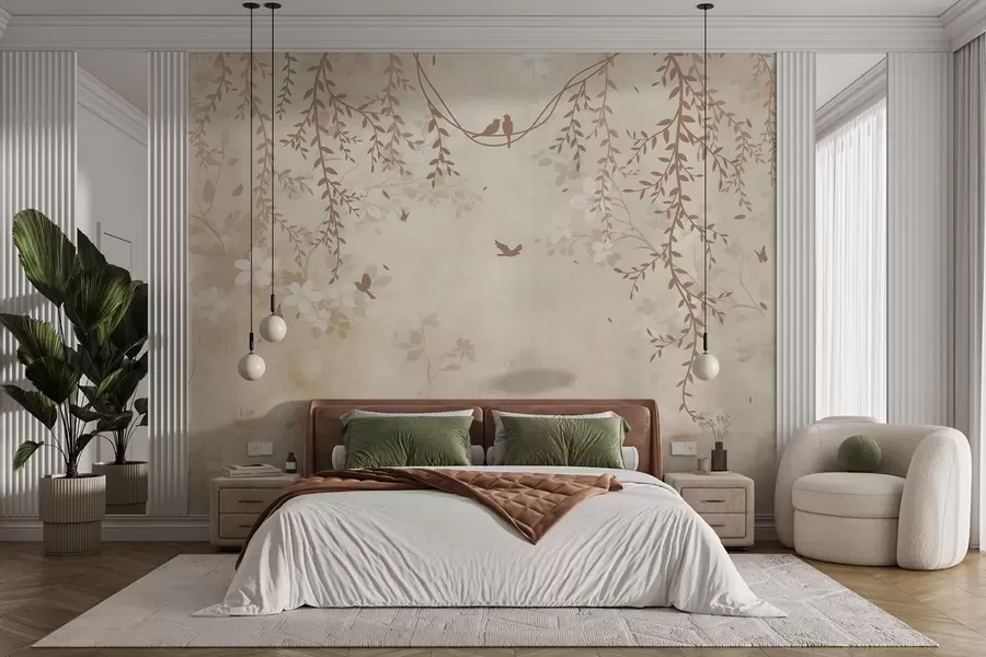 Papier peint photo Oiseaux avec plantes suspendues et motif floral dans les tons beige-crème clair w08809