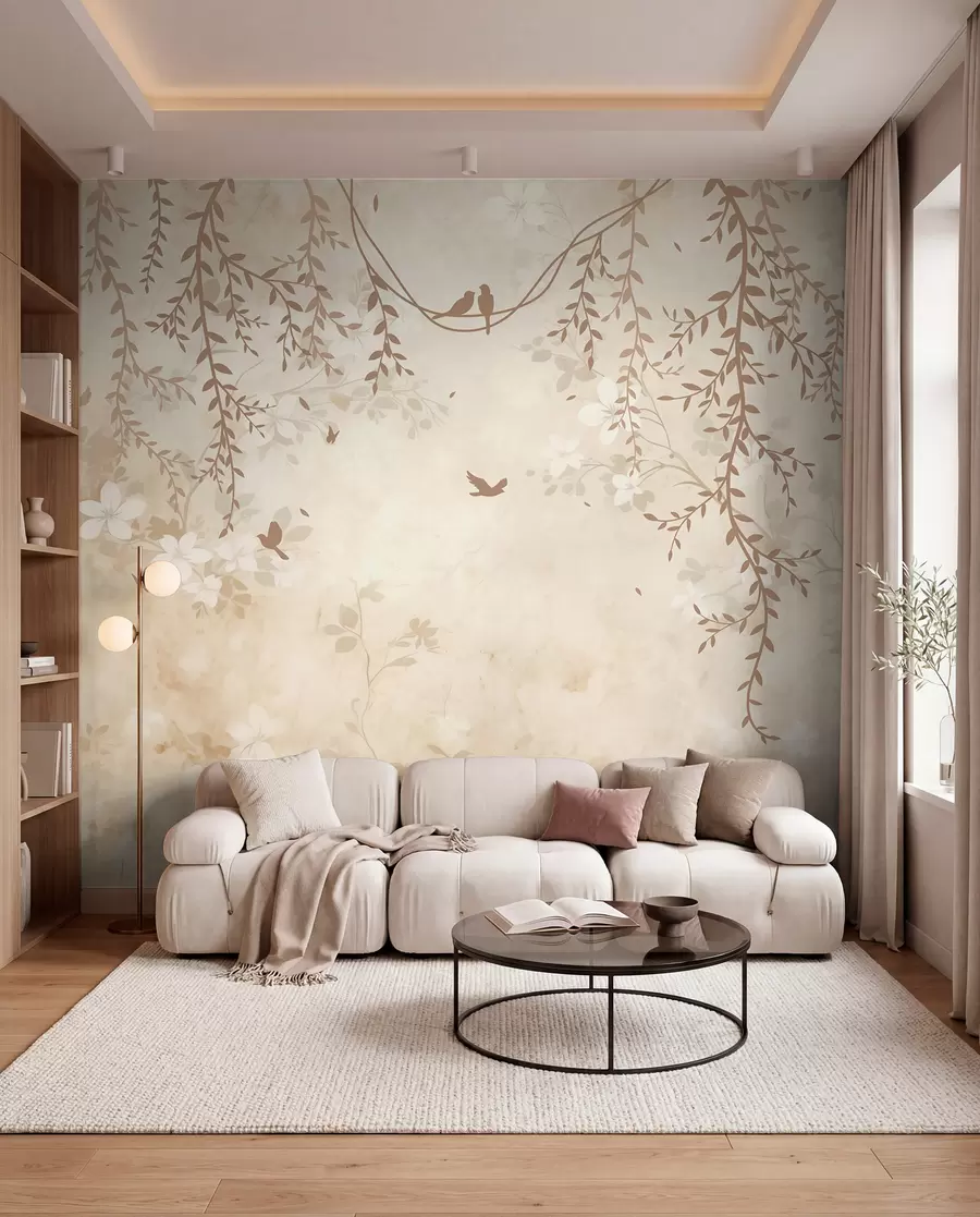Fotobehang Vogels met hangende planten en een bloemenpatroon in lichte beige-crèmetinten w08809