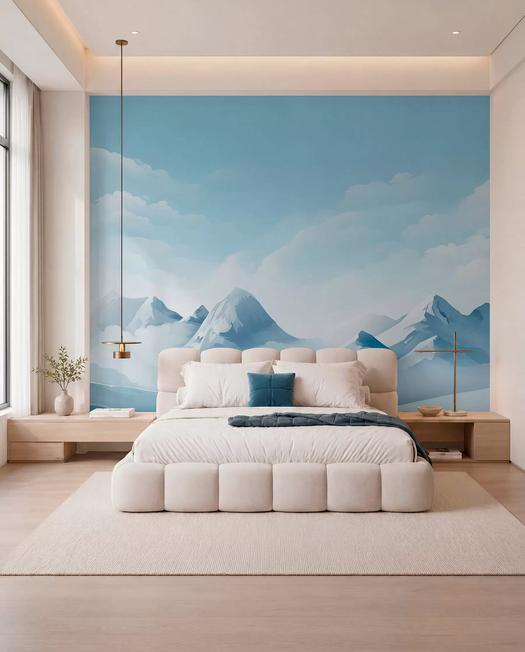 Fotobehang Minimalistische blauwe wolken en bergen, ijzig weer w08811