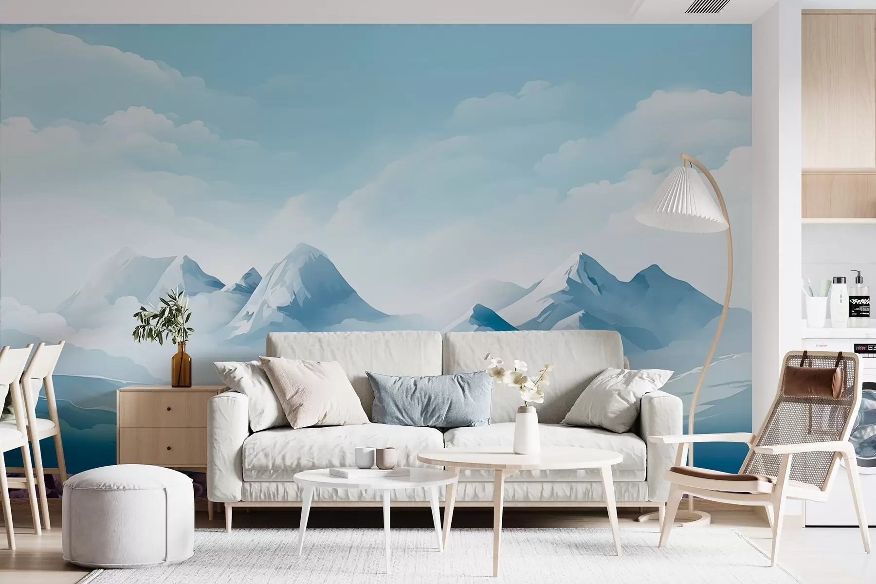 Fotobehang Minimalistische blauwe wolken en bergen, ijzig weer w08811