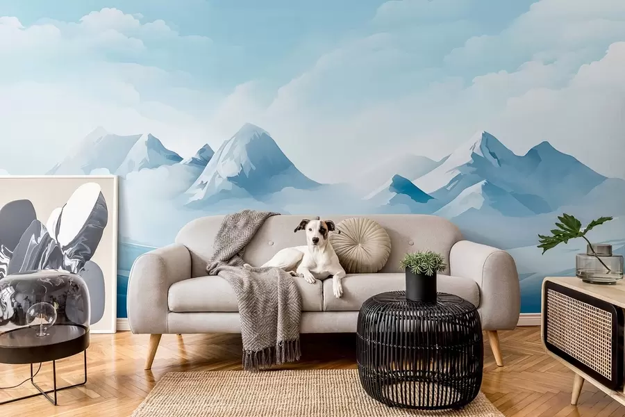 Fotobehang Minimalistische blauwe wolken en bergen, ijzig weer w08811