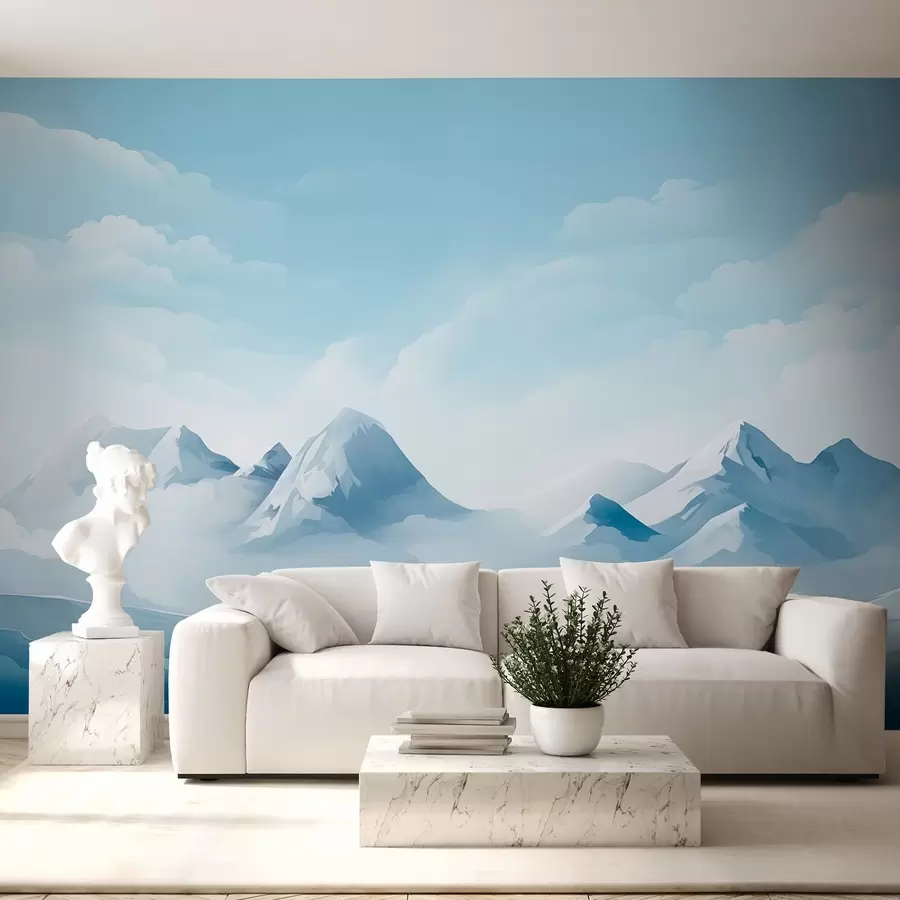 Papier peint photo Nuages bleus minimalistes et montagnes, temps glacial w08811