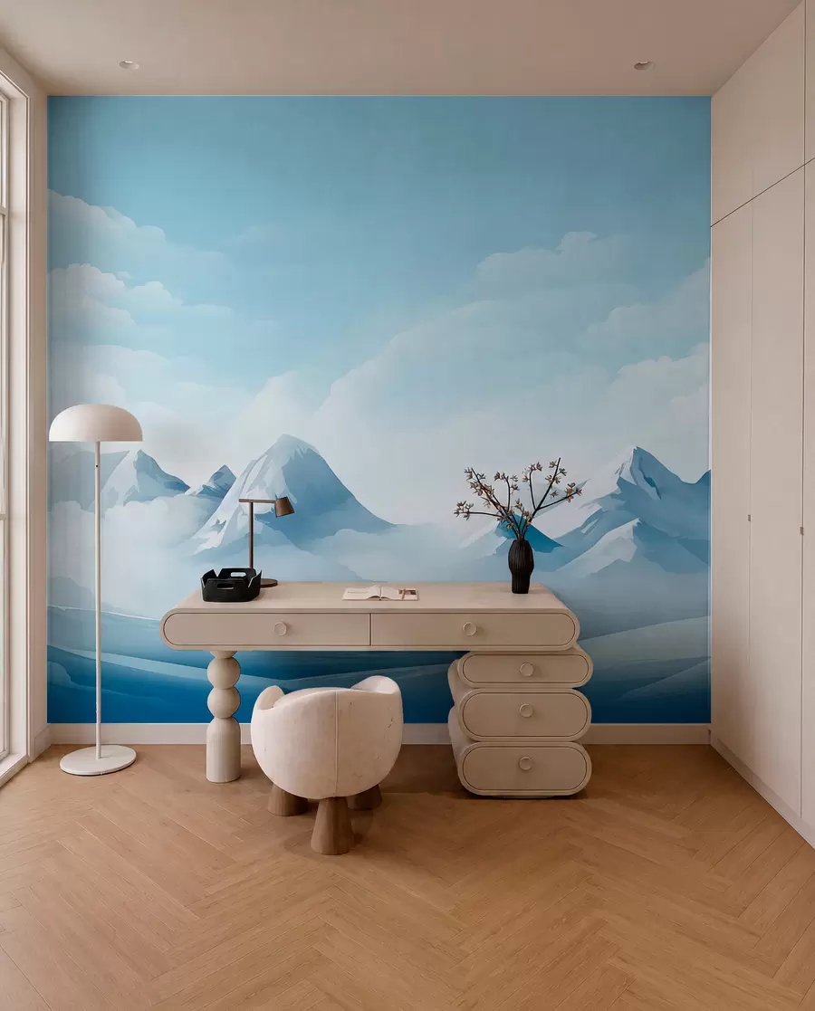 Fotobehang Minimalistische blauwe wolken en bergen, ijzig weer w08811