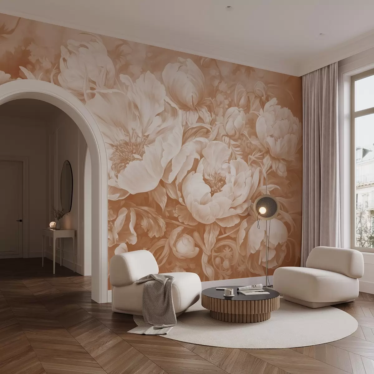 Papier peint photo Tulipes et pivoines, une composition florale dans un style de pinceau à l'huile beige w08817v1