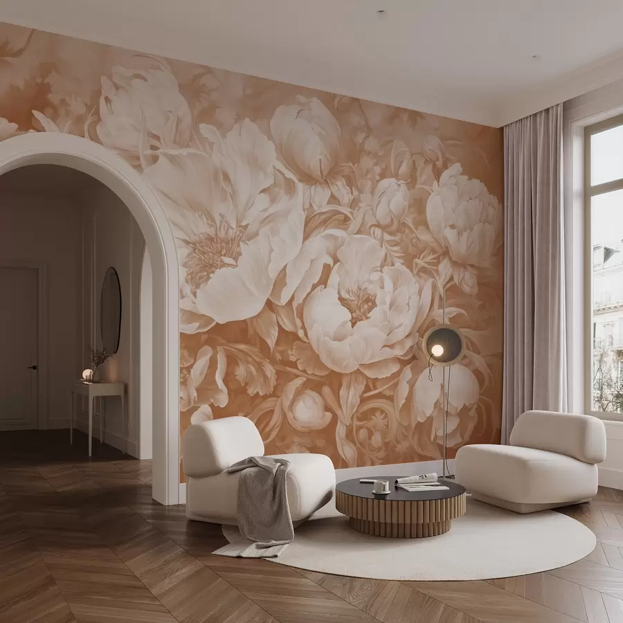 Papier peint photo Tulipes et pivoines, une composition florale dans un style de pinceau à l'huile beige w08817v1