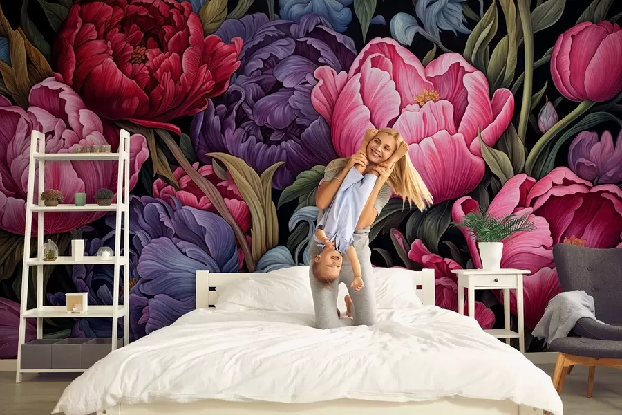 Fotobehang Tulpen en pioenen in Victoriaanse stijl, in roze en paarse kleuren w08818